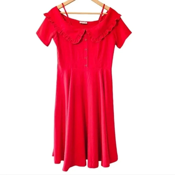 Molly Bracken Ruffle Short Sleeve Midi Casual Red Dress Size Medium. - Picture 1 of 13